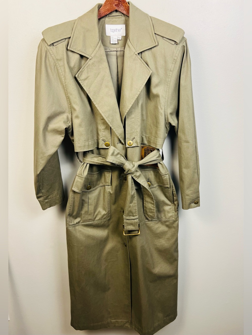 Vintage Together Military-Style Trench Coat – 100% Cotton –Khaki Green–Large
